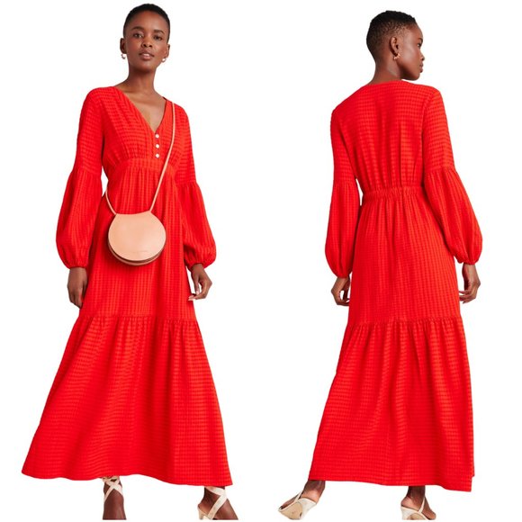 Anthropologie Dresses & Skirts - Amadi for Anthropologie Alisha Tiered Maxi Dress M medium long sleeve red v-neck